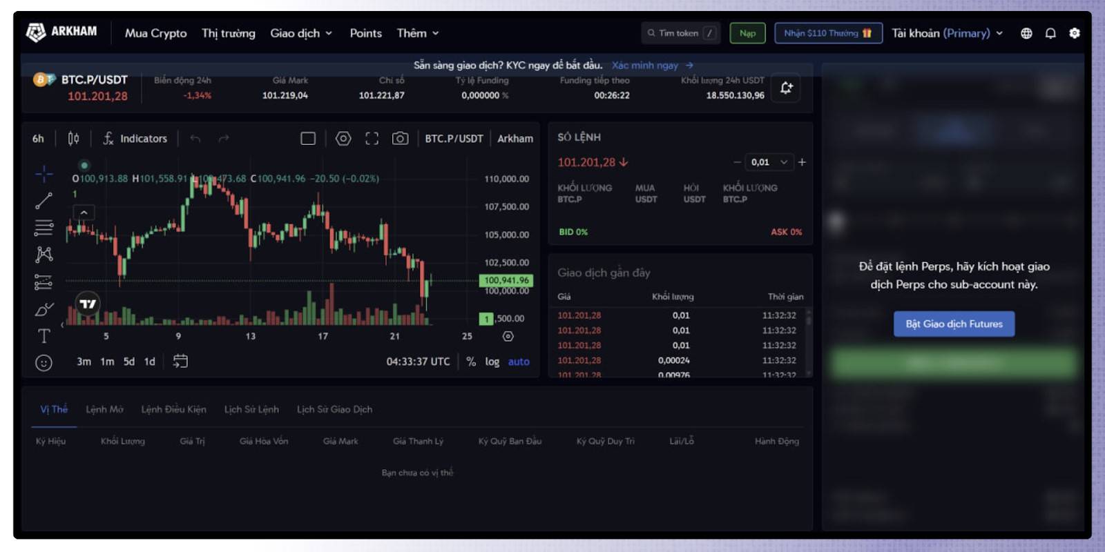 Giao diện đánh futures trên Arkham Exchange